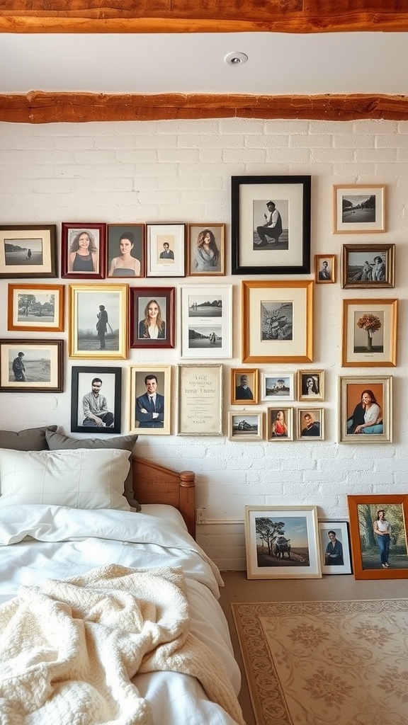 Gallery wall with various framed photos and artwork above a bed in a rustic bedroom.