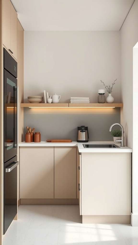 A minimalist tiny kitchen featuring beige cabinetry, modern appliances, and an open shelf with decorative items.