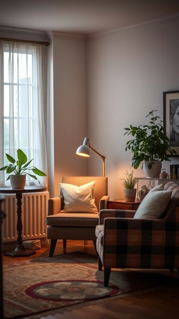 A cozy living room corner featuring a soft armchair, a patterned sofa, and vibrant indoor plants.