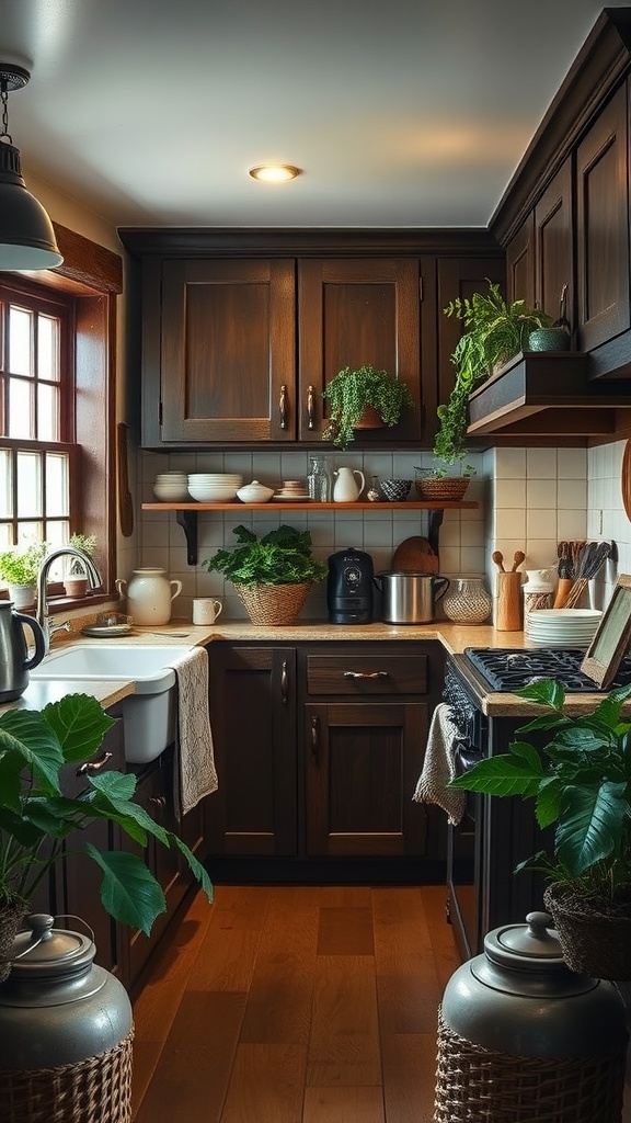A cozy kitchen with dark wooden cabinets, plants, and rustic decor.