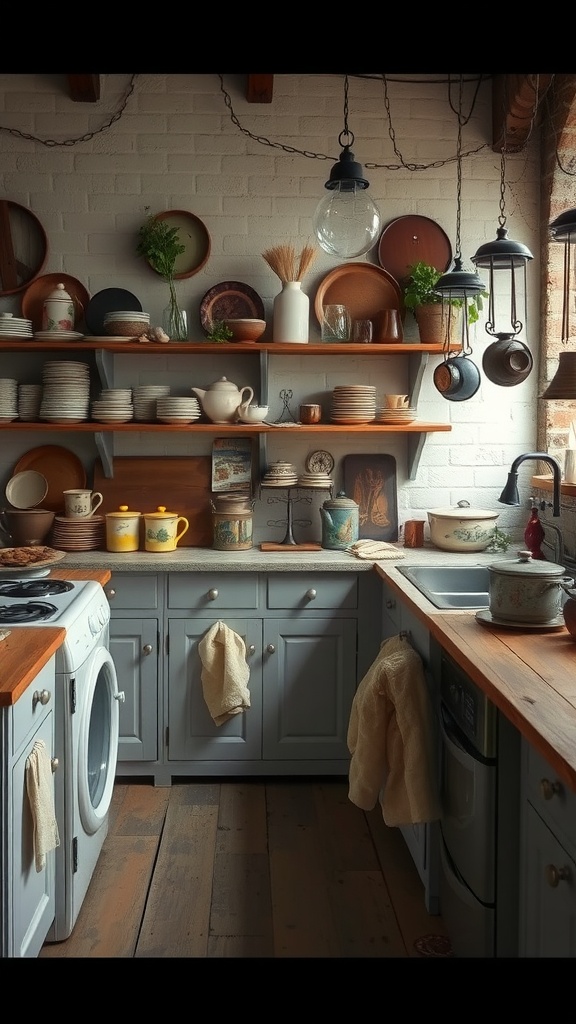 A rustic modern kitchen with vintage dishware and wooden shelves