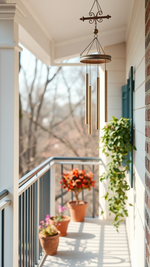 A small balcony featuring wind chimes, potted plants, and a serene atmosphere.