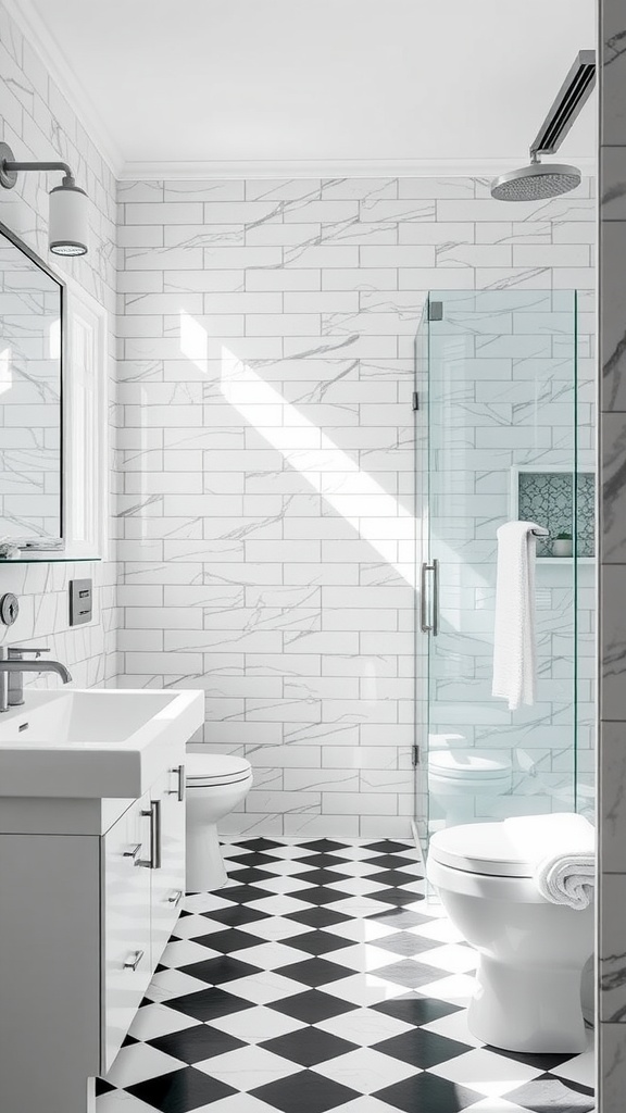 A modern bathroom featuring a checkerboard tile floor and marble walls.