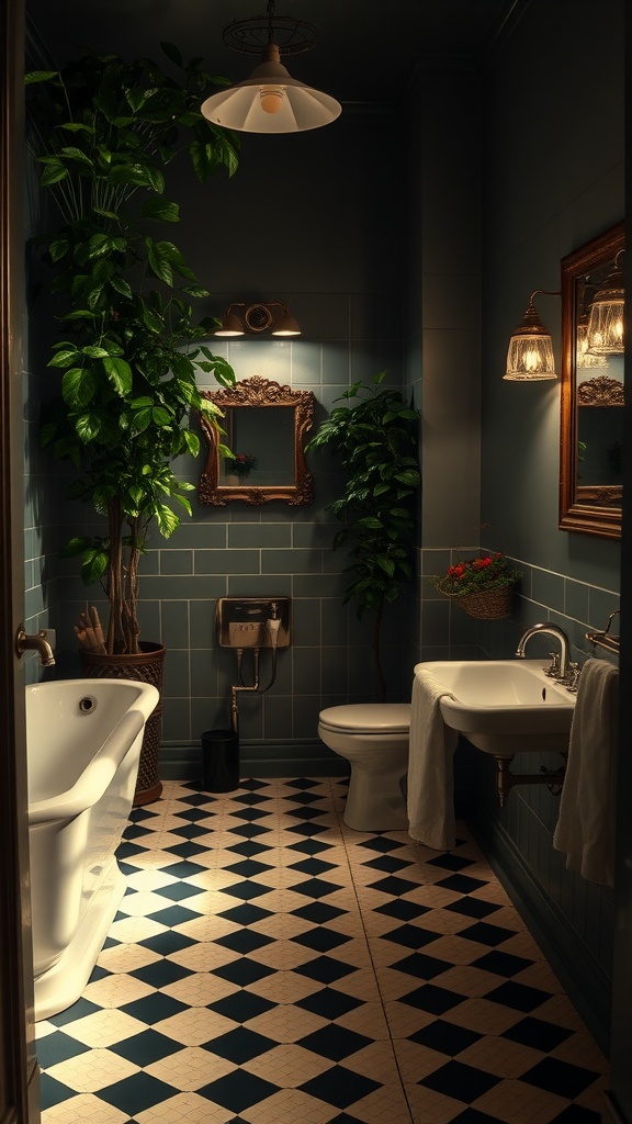 A vintage bathroom featuring a checkerboard floor and vintage fixtures, plants, and soft lighting.