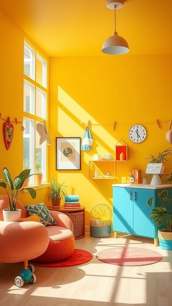A bright room featuring sunny yellow walls, colorful furniture, and decor