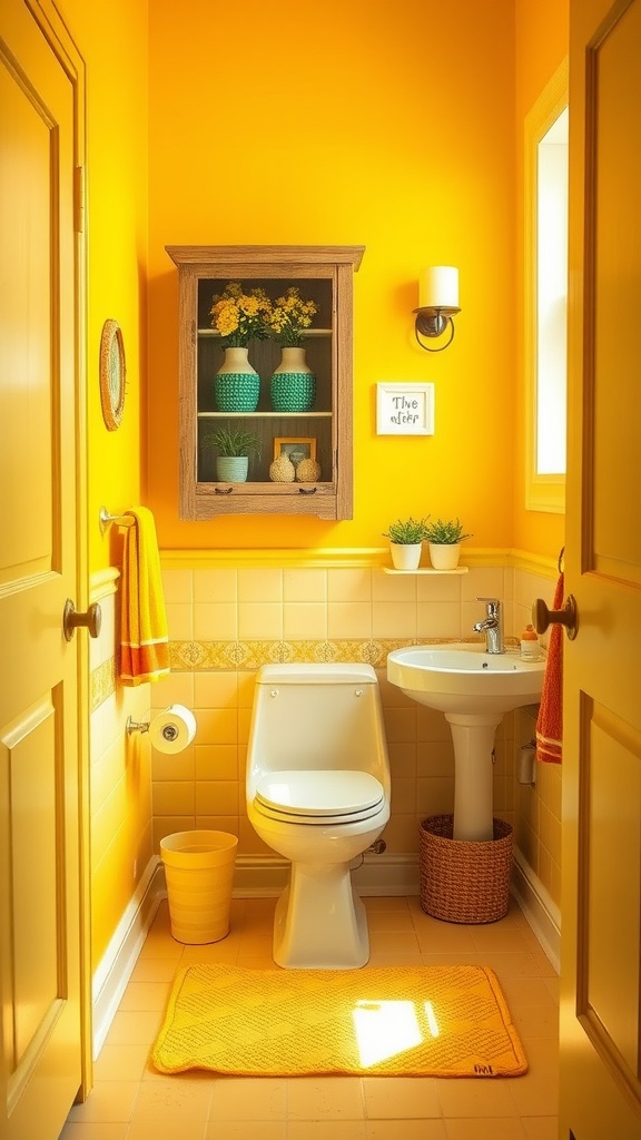 A small bathroom with bright yellow walls, featuring a white toilet, sink, and wooden cabinet with decorative items.