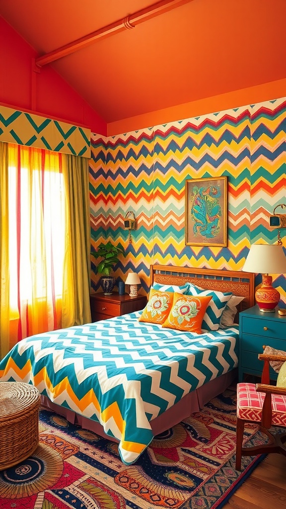 A vibrant Boho style bedroom featuring chevron patterns on the walls and bedding, with warm colors and eclectic decor.