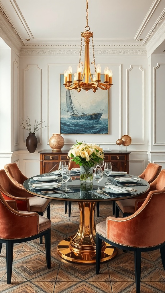 Luxurious Italian dining room featuring a round table with a golden base, velvet chairs, a chandelier, and elegant decor.