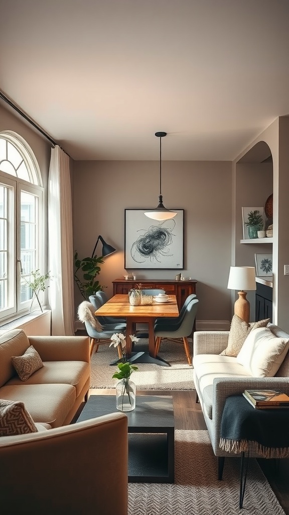 A stylish living room and dining room combo with soft lighting, featuring comfortable couches, a wooden dining table, and decorative plants.