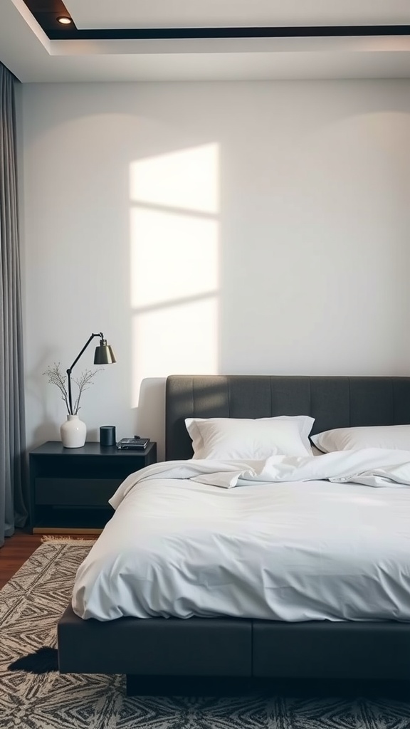 A modern master bedroom featuring a chic bed frame, soft bedding, and a stylish lamp.