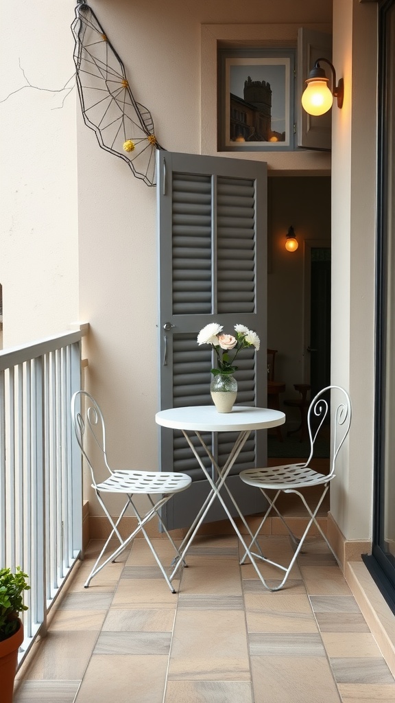 Small balcony featuring a round table with two white chairs, a vase of flowers, and decorative wall art.