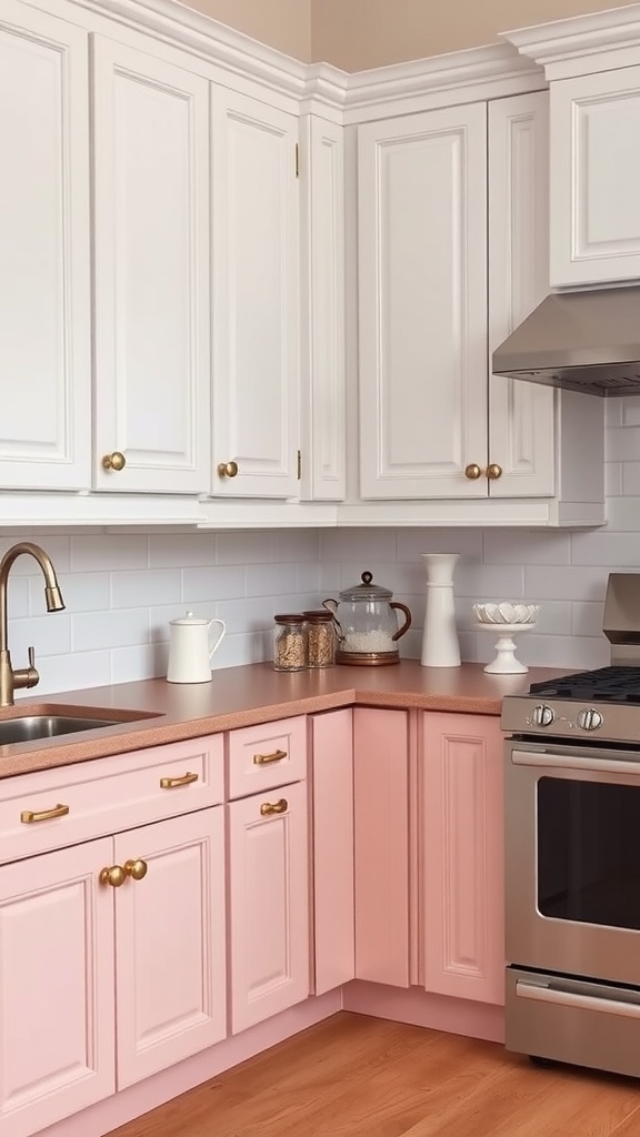 A kitchen with two-toned cabinets featuring blush pink and white, complemented by gold hardware.