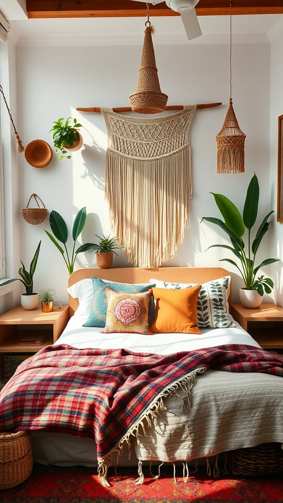 Cozy boho bedroom with macrame wall hanging, decorative pillows, and plants