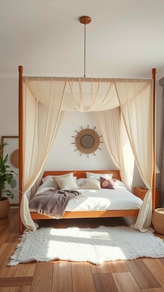 A chic canopy bed with soft curtains, light wood frame, and cozy bedding in a bright room.