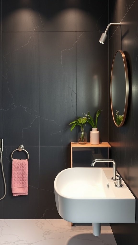 Modern bathroom featuring charcoal walls and blush accents