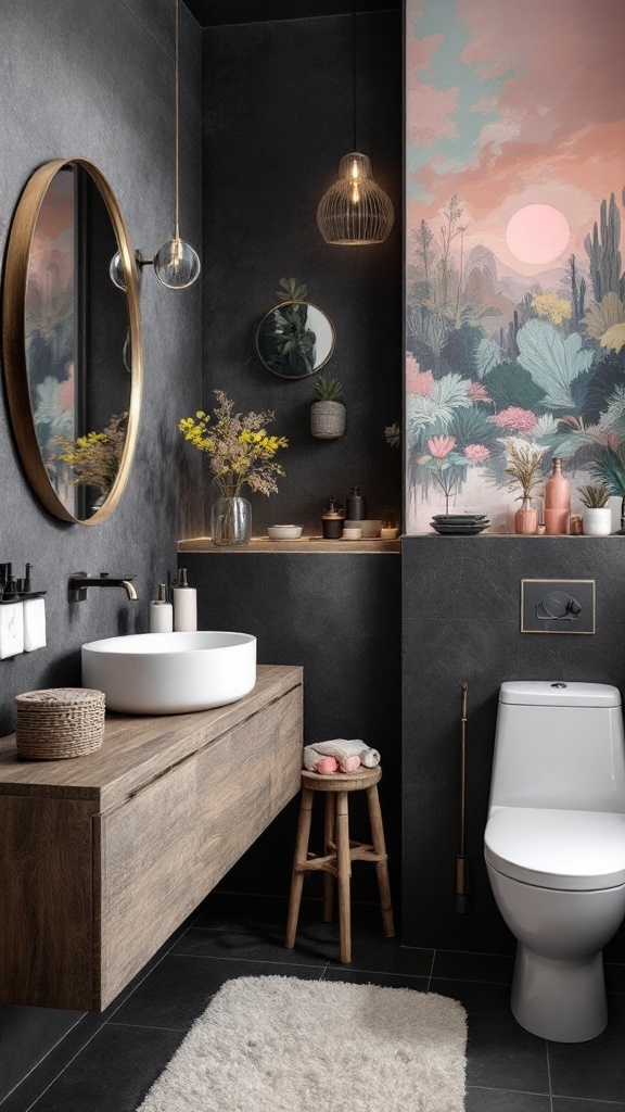 Chic bathroom featuring charcoal walls and soft pastel accents.