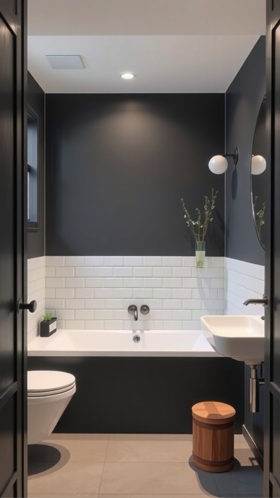 A chic bathroom featuring charcoal gray walls with white subway tiles, a bathtub, a minimalist sink, and a wooden stool.