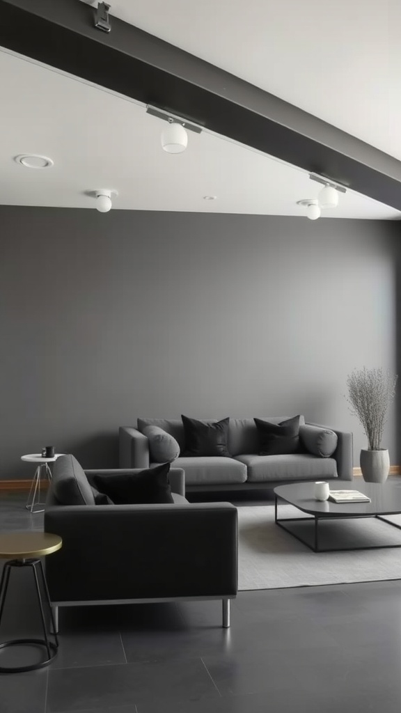 Stylish living room featuring charcoal gray walls and modern furniture.