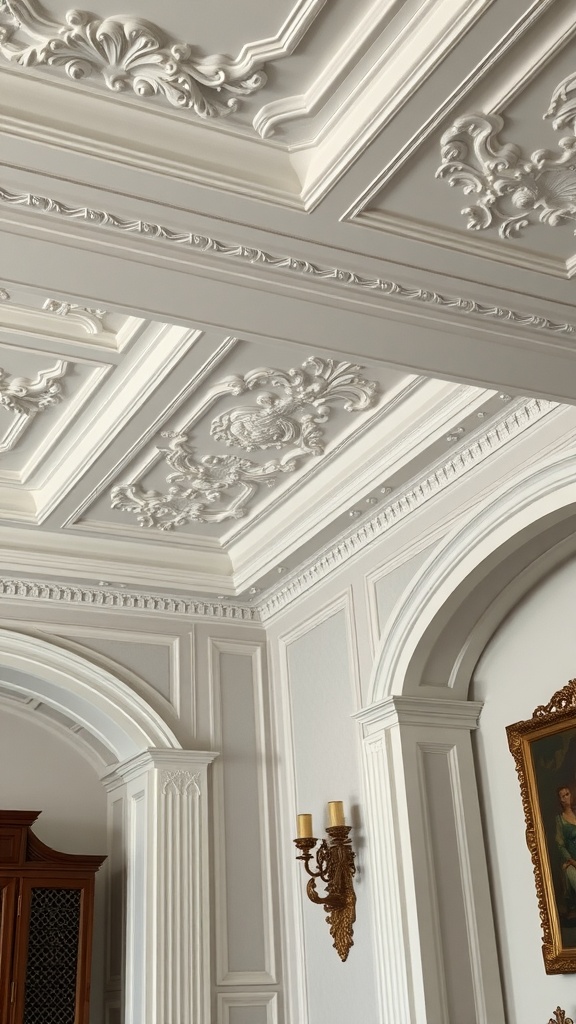 Intricate crown molding in an elegant living room with archways and wall sconces.