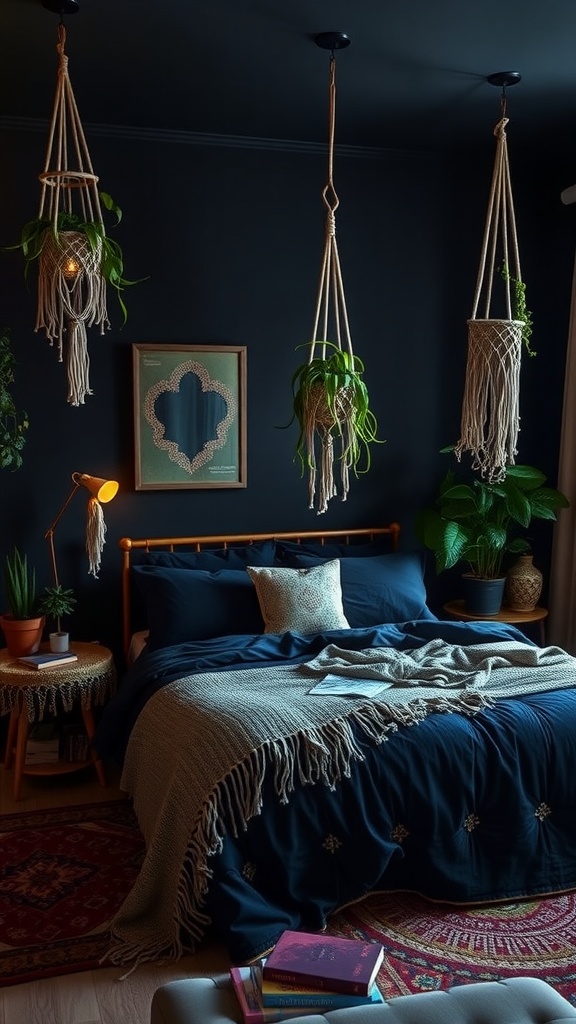 A chic dark boho bedroom featuring hanging plants, deep blue bedding, and textured decor.