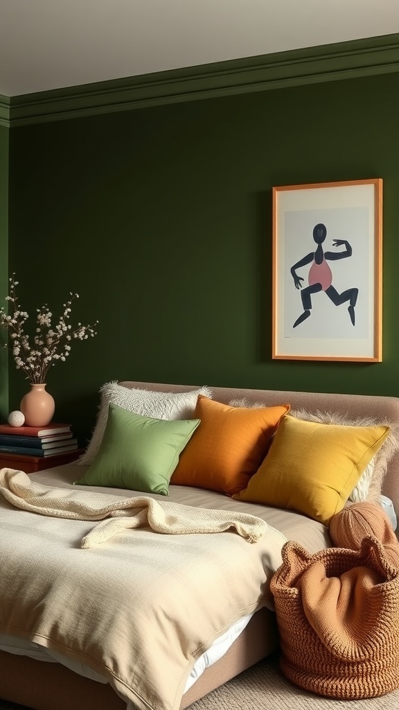 A chic dark moss bedroom featuring deep green walls, a bed with colorful pillows, and decorative accents.