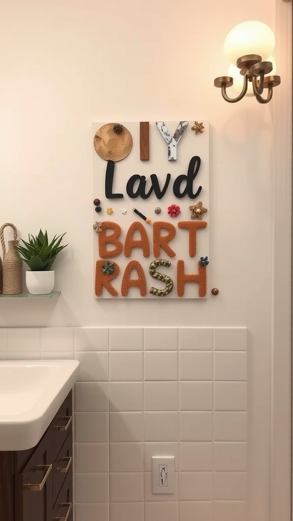 Colorful DIY wall art with the words 'DIY Lavd BART RASH' displayed in a bathroom.