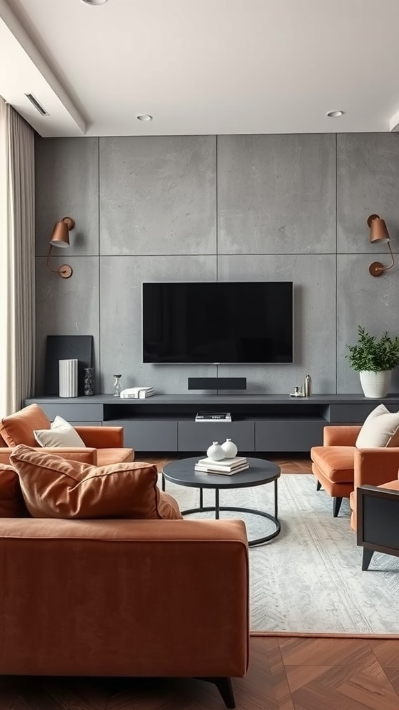 A stylish living room featuring concrete walls, orange velvet chairs, and a sleek TV unit.