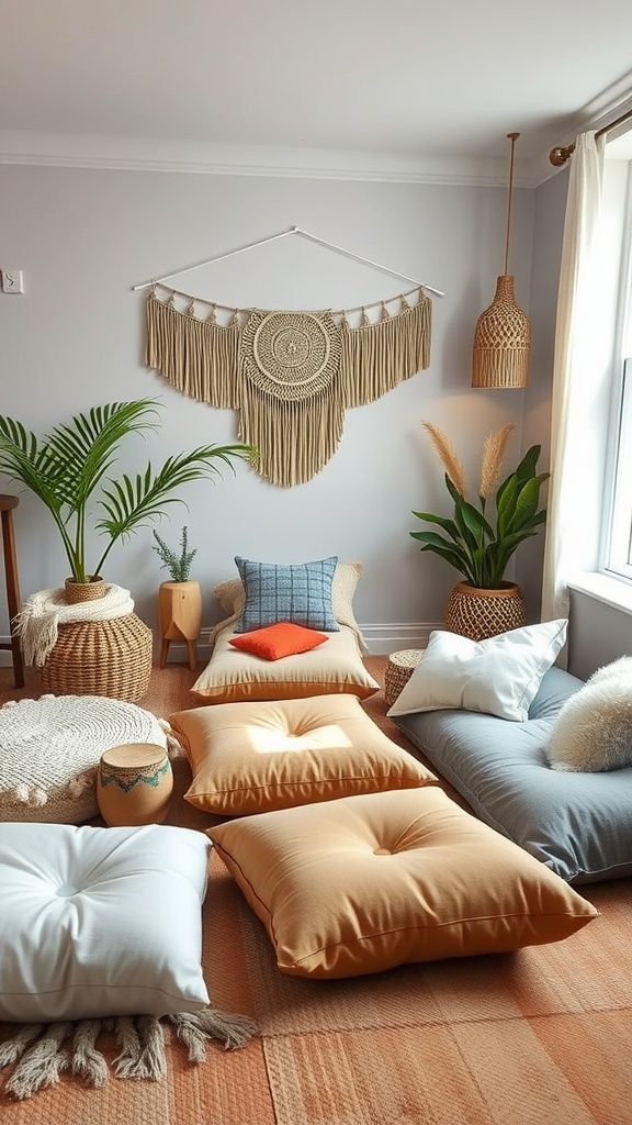 A cozy boho bedroom featuring colorful floor cushions and a macramé wall hanging.