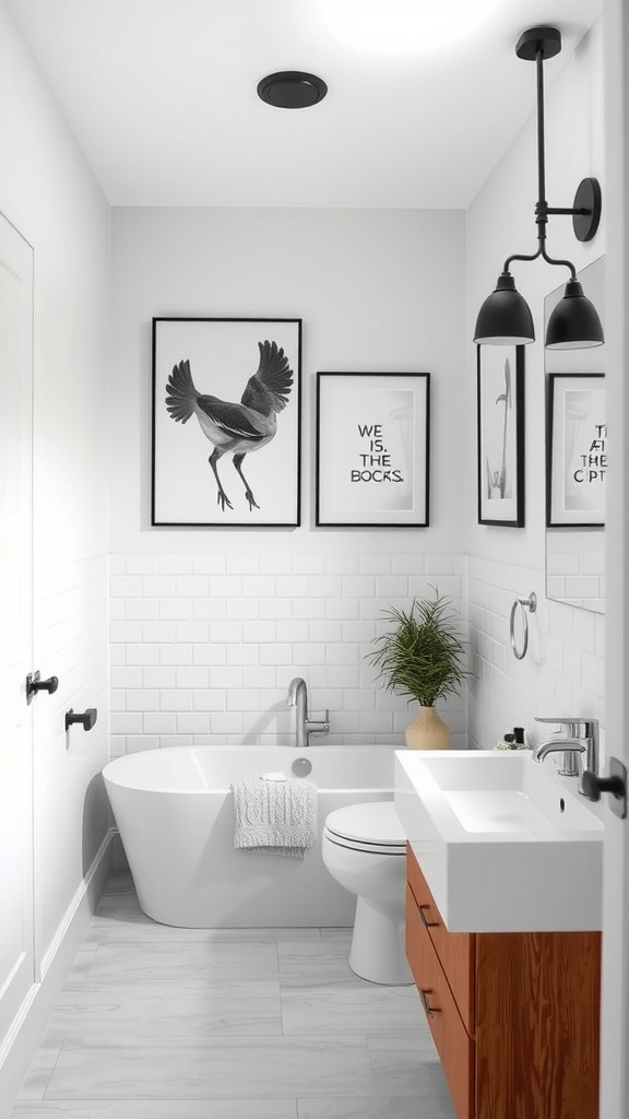 Chic gray and white bathroom with artwork and modern fixtures