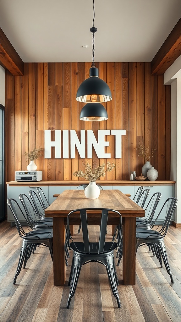 A modern farmhouse dining room featuring wood paneling, a wooden table, metal chairs, and an industrial light fixture.