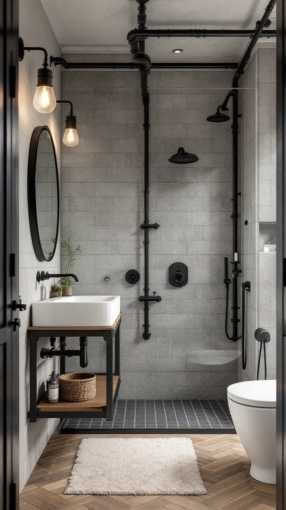 A chic industrial guest bathroom featuring exposed plumbing, black fixtures, and white subway tile.