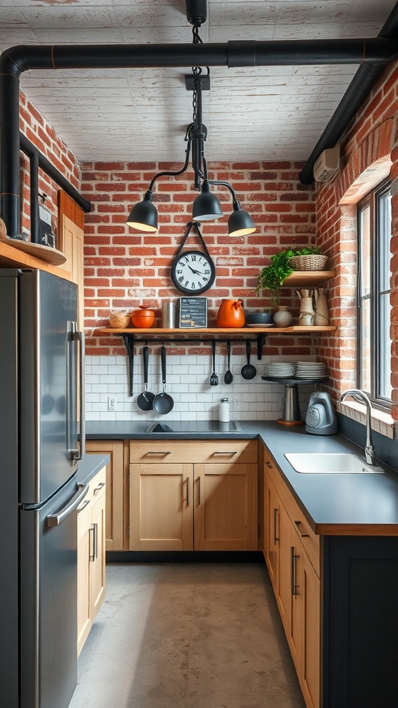 A stylish tiny kitchen featuring exposed brick walls, wooden cabinets, and sleek black countertops.