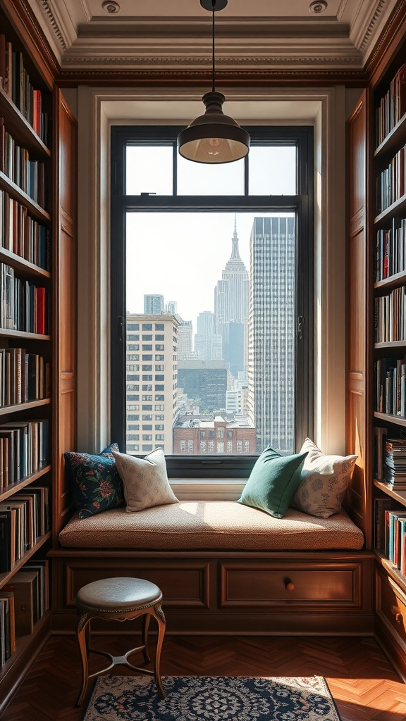 A chic library with a cozy window seat and an urban skyline view.