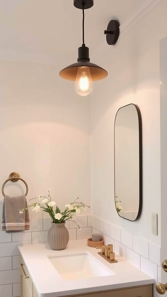 A chic pendant light illuminating a modern farmhouse bathroom with a clean design.