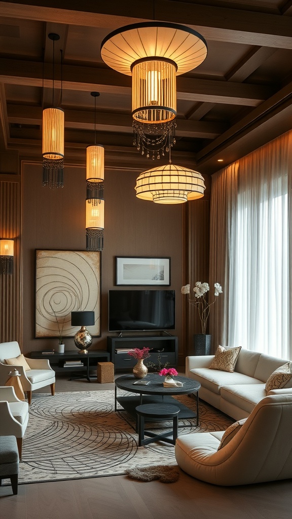 A living room featuring chic Art Deco-inspired lighting fixtures, warm lighting, and modern decor elements.
