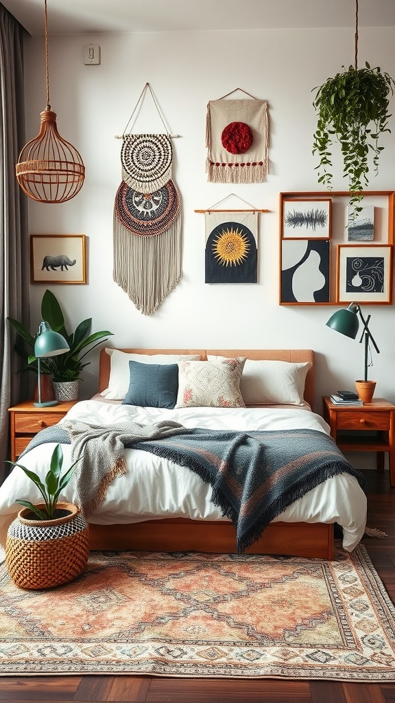 A stylish Boho-inspired bedroom featuring a cozy bed, wall art, and plants.