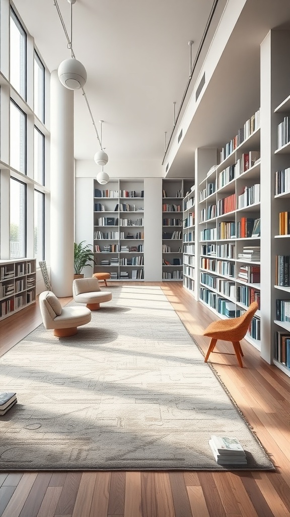 A modern library with large windows, minimal furniture, and a soft rug.