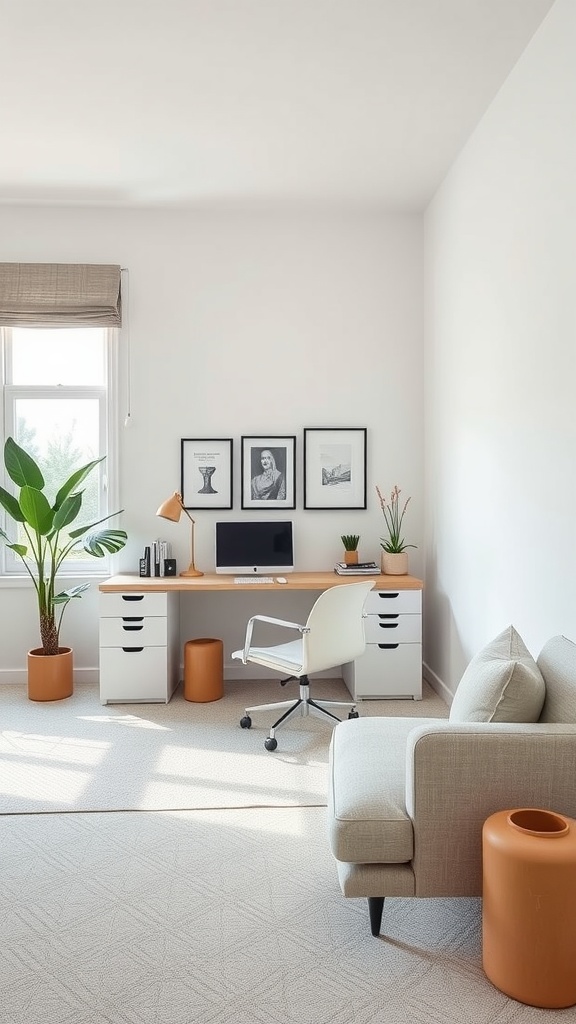 A chic minimalistic home office featuring neutral tones, a stylish desk, and plants.
