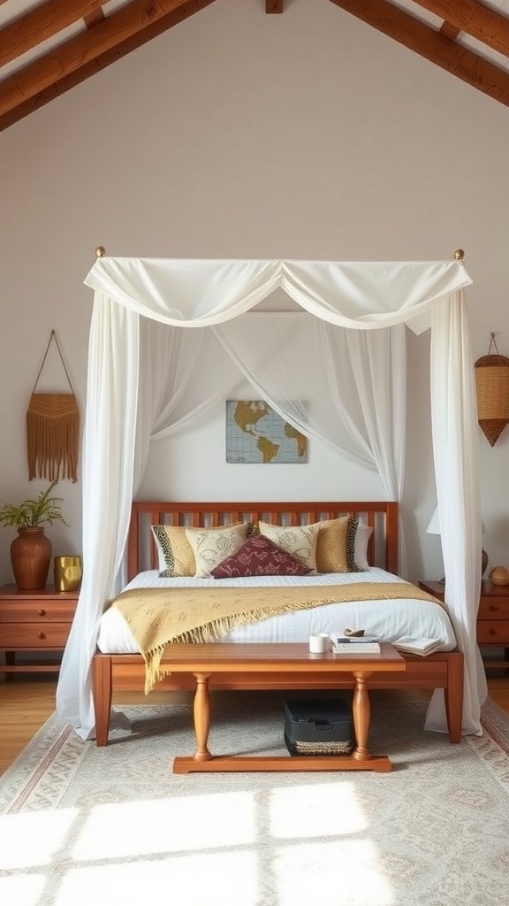 Chic nightstands in a serene Boho bedroom with a canopy bed, featuring wooden textures and global decor touches.