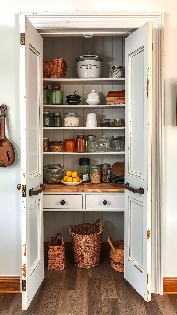 An organized pantry with open shelves featuring various jars, containers, and vintage baskets.