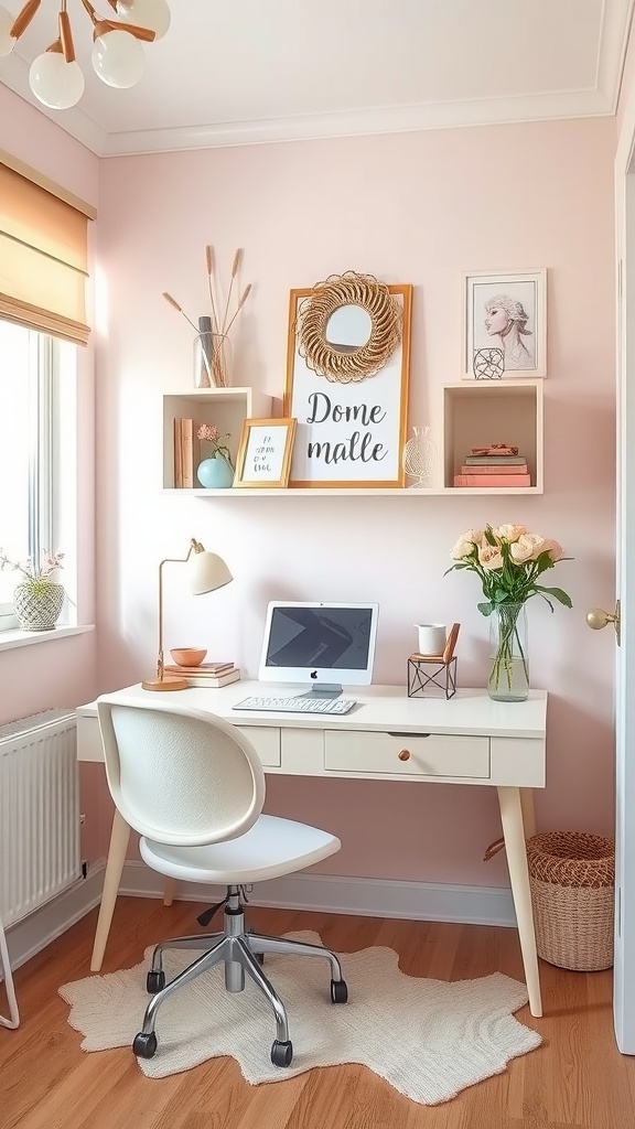 A chic small home office with pastel pink walls, a modern desk, a comfortable chair, and decorative elements.
