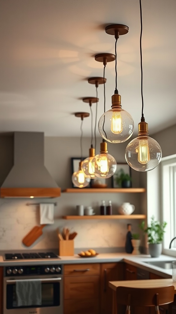A modern kitchen featuring pendant lights with adjustable lengths above the island.