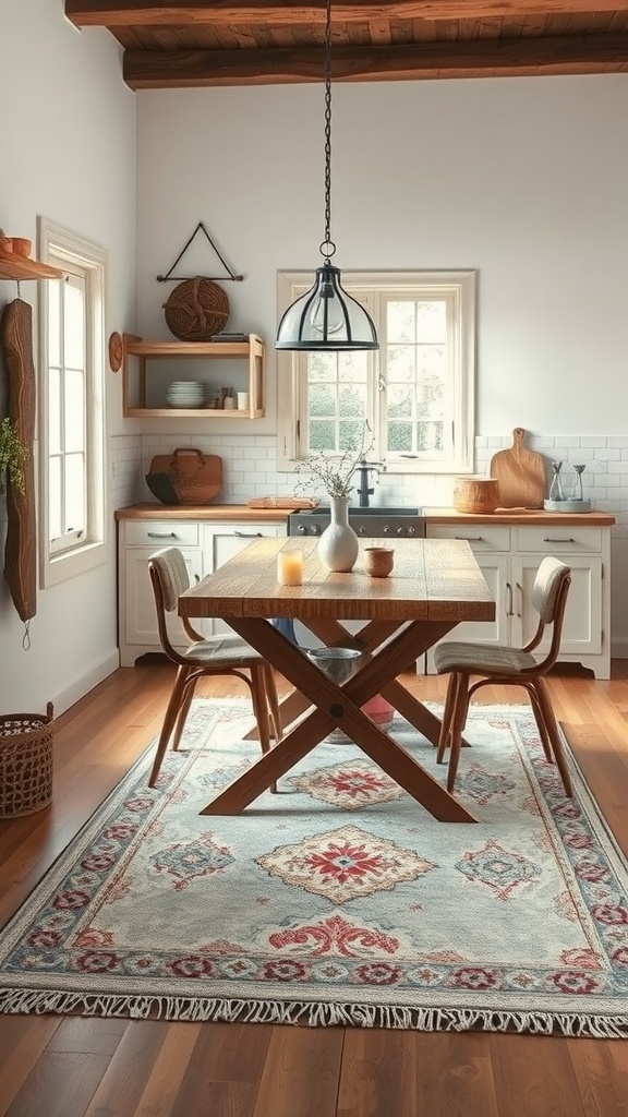 A rustic modern kitchen featuring a wooden table and a patterned rug, creating a cozy dining area.