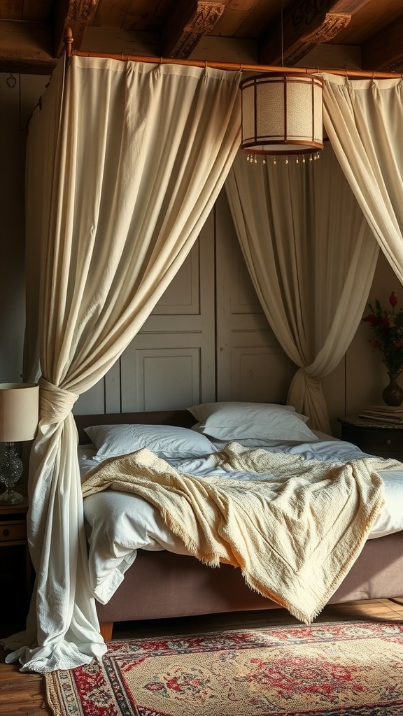 A rustic bedroom with a canopy made of soft fabric, a cozy bed with pillows, and a warm light fixture.