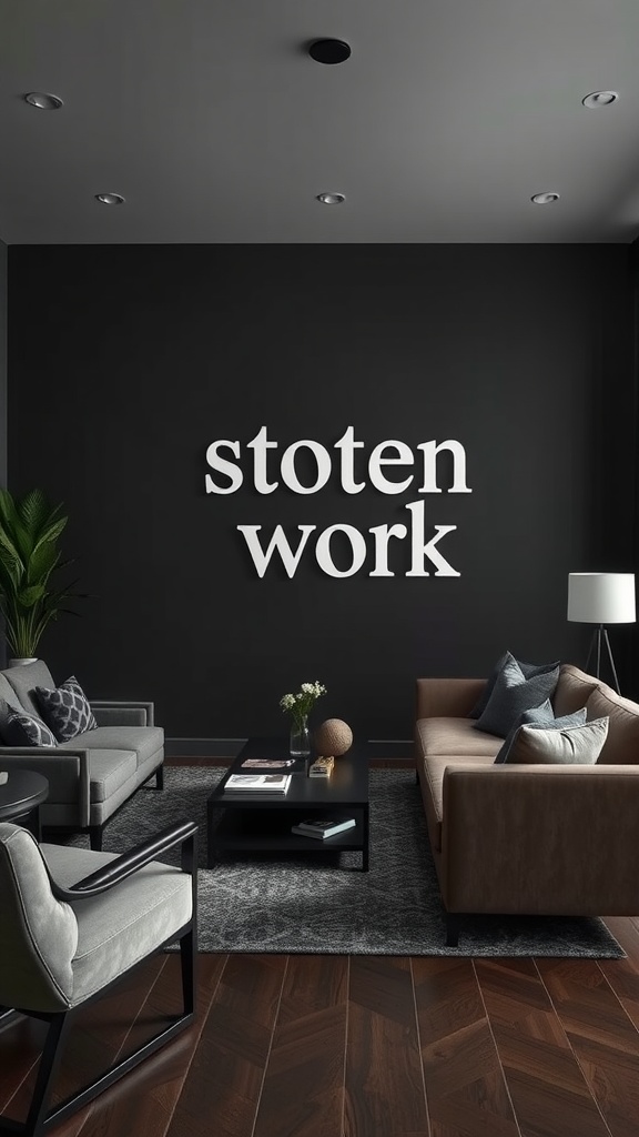 A stylish living room featuring chic seating arrangements with a dark palette.