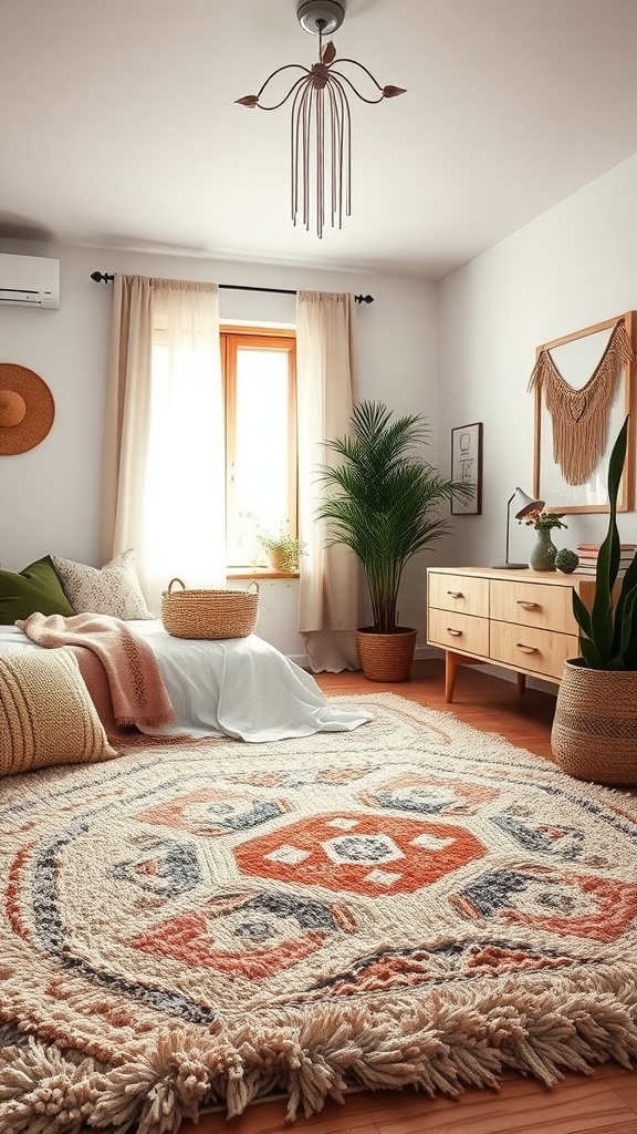 A cozy Boho style bedroom featuring a shag rug with warm colors and intricate patterns, complemented by natural wooden furniture and plants.