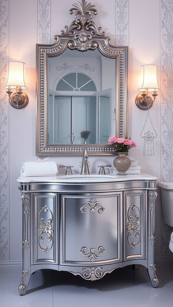 A chic silver bathroom vanity with ornate details, a large mirror, and warm lighting.