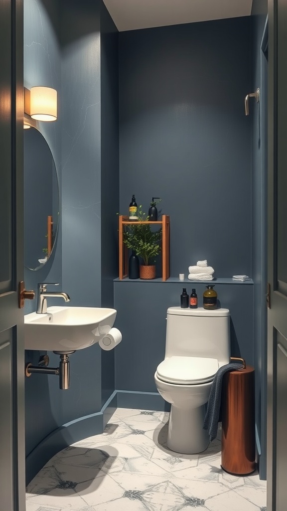 Small bathroom with slate blue walls, modern fixtures, and natural decor.