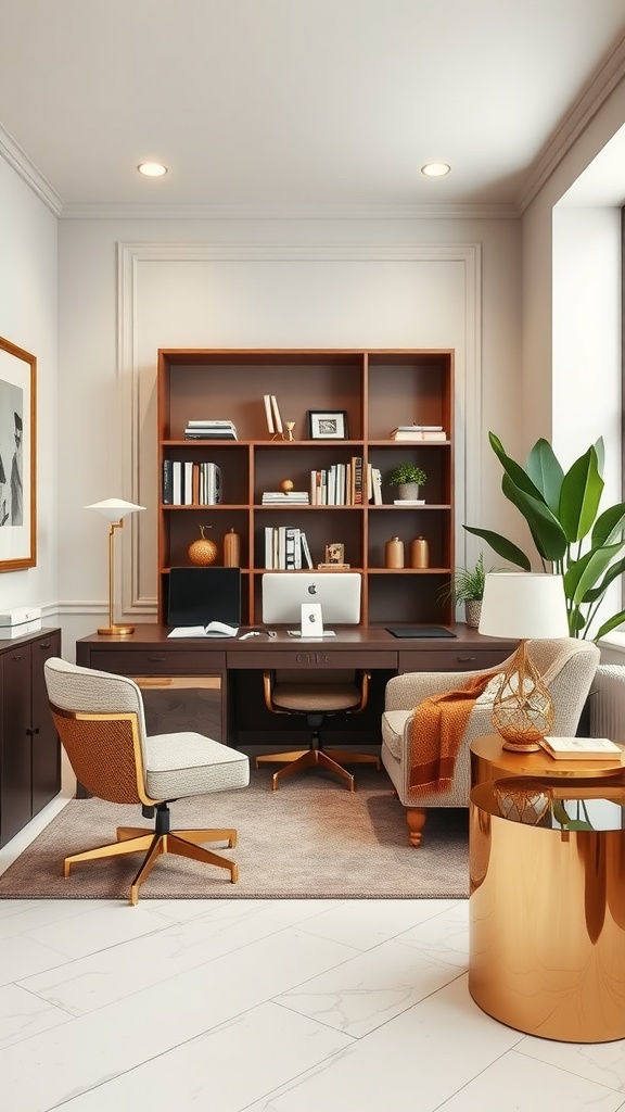 A stylish workspace with a desk, bookshelf, and gold accents, featuring a modern design.