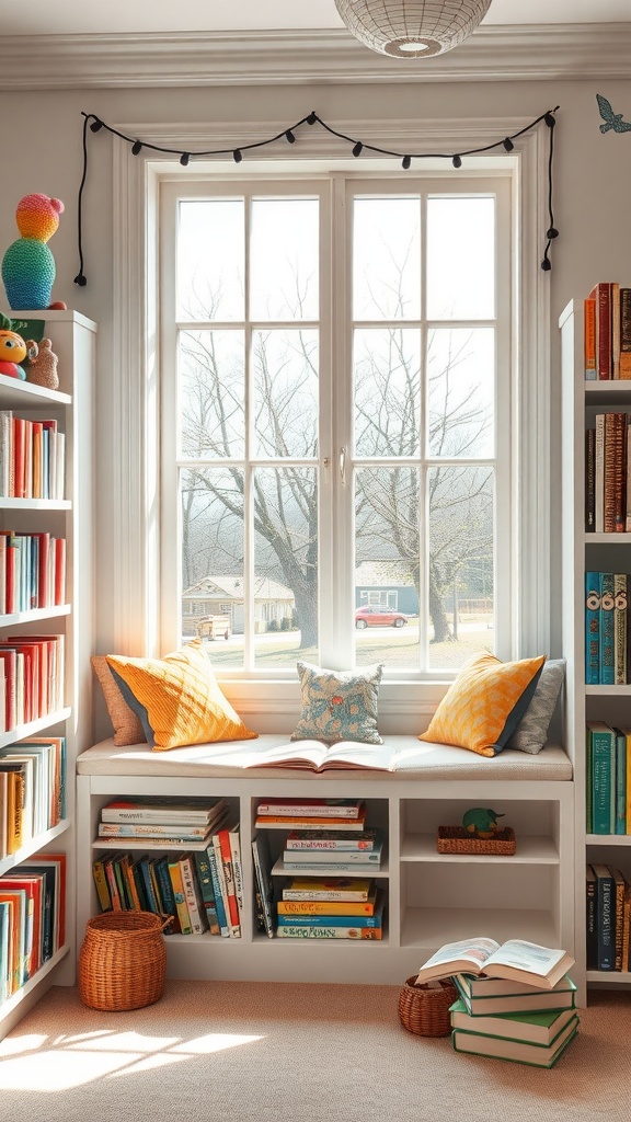 A child's library with a themed window seat, colorful cushions, and bookshelves.